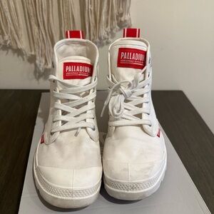 Palladium White and Red High-Top Sneakers
